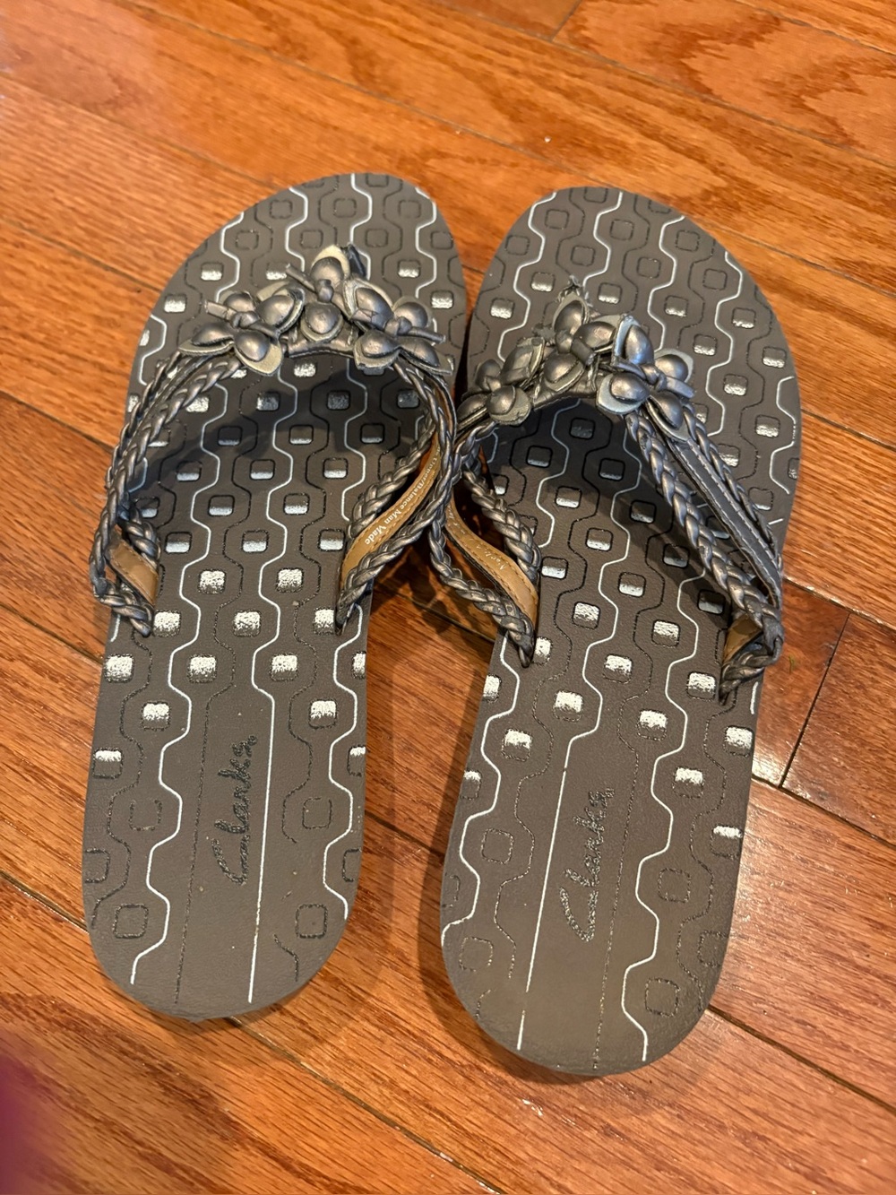 Clarks Metallic Bronze Braided Floral Flip Flops